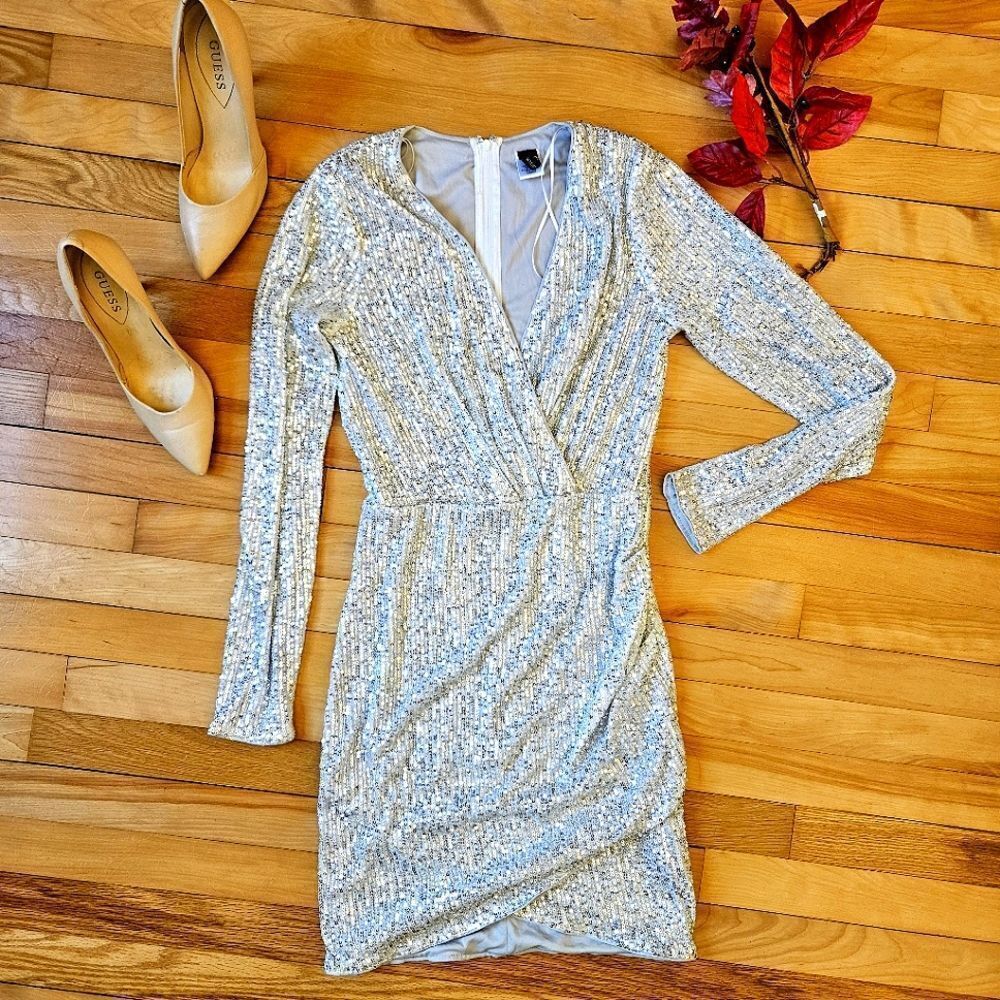 Windsor White and Silver Sequined Long Sleeve Dress
